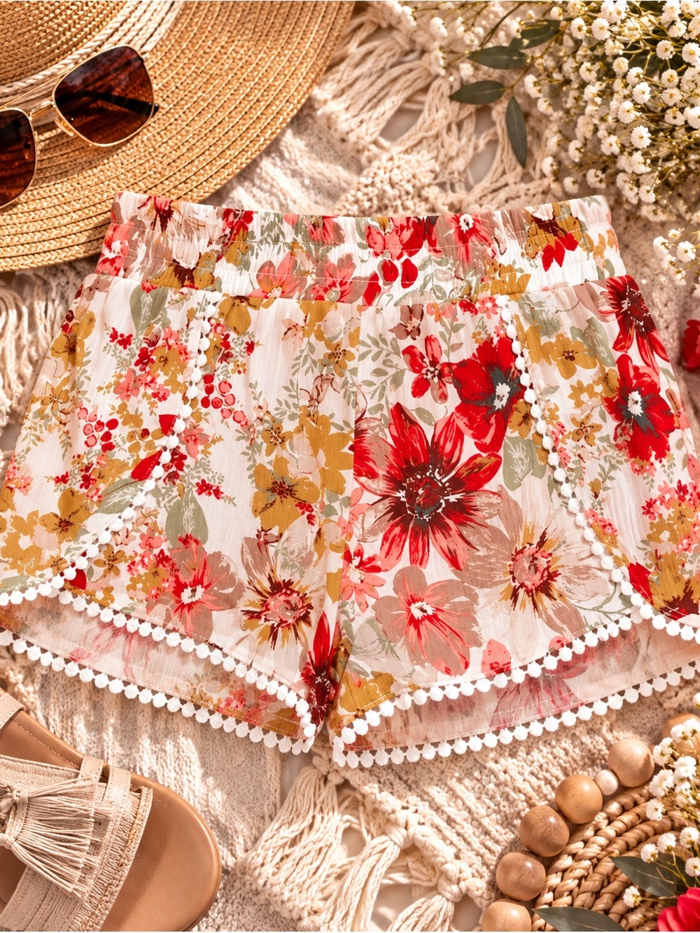 Navy Floral High-Waist Pom-Pom Trim Shorts 🌸